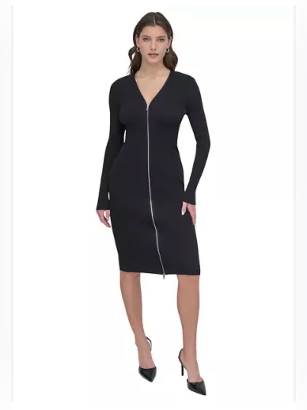 Calvin Klein Black Long-Sleeve Zip-Front Midi Dress